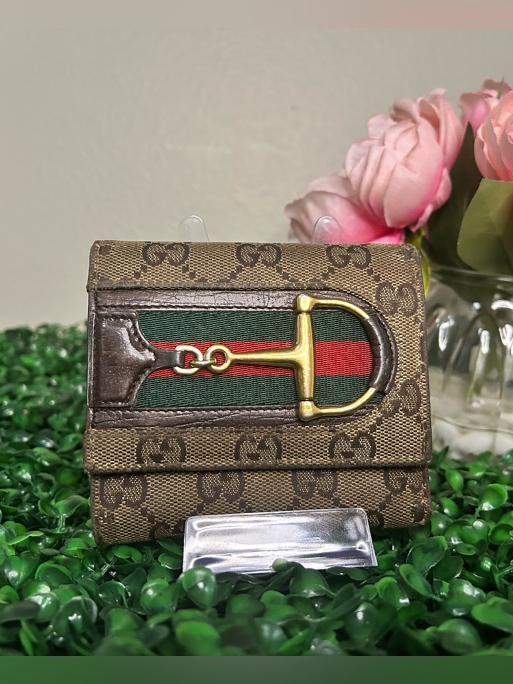 Gucci Vintage Horsebit Web GG Monogram Canvas Wallet / Compact Trifold Wallet